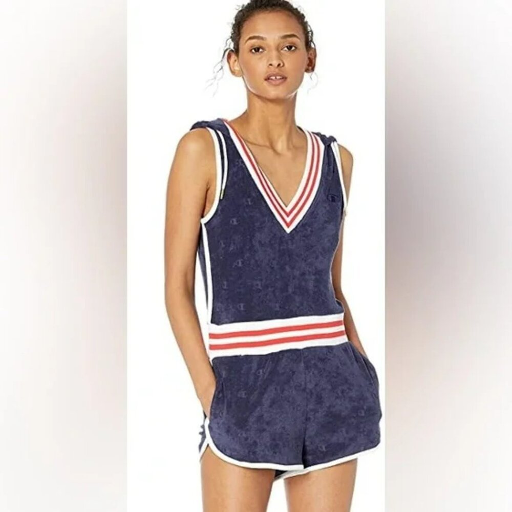 CHAMPION NWT Imperial Indigo Terry Cloth Varsity Hooded Sleeveless Romper, Small - Picture 3 of 13